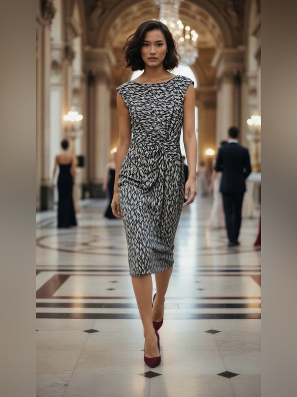 Chaus Sz Large Black and White Twist-Front Midi Sheath Dress
